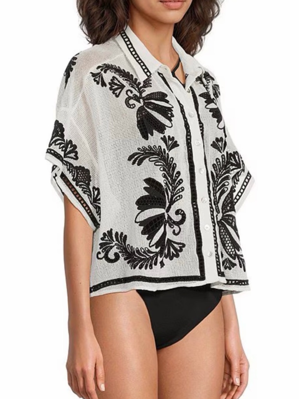 FARM Rio White Black Copacabana Beach Off-White Fishnet Blouse - Picture 2 of 13